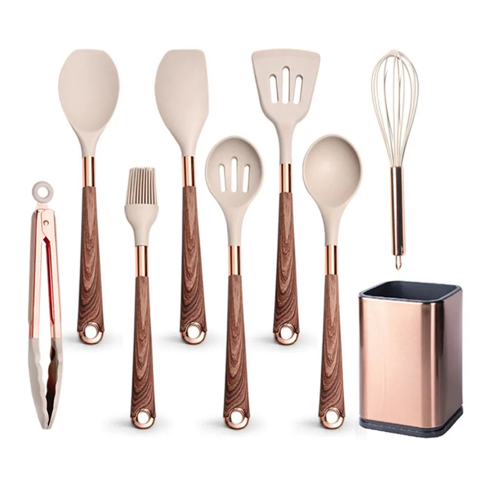 Silicone Cooking Utensils Set with Rose Gold Handle