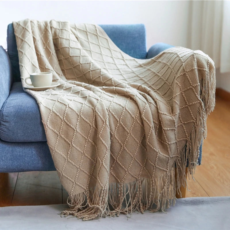 Nordic Knitted Throw Blanket Tassels Oversized Sofa Bedspread