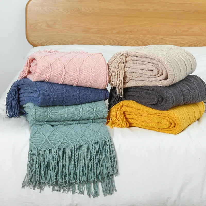 Nordic Knitted Throw Blanket Tassels Oversized Sofa Bedspread